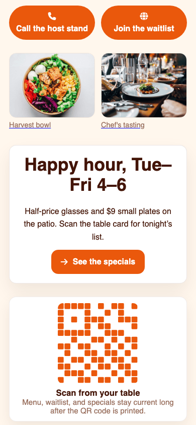 T.LY restaurant OneLink example screenshot showing menu, reservation, ordering, and review actions.