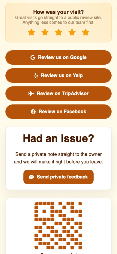 Review Link Hub example screenshot showing review and business action blocks.