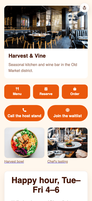 T.LY restaurant OneLink example screenshot.