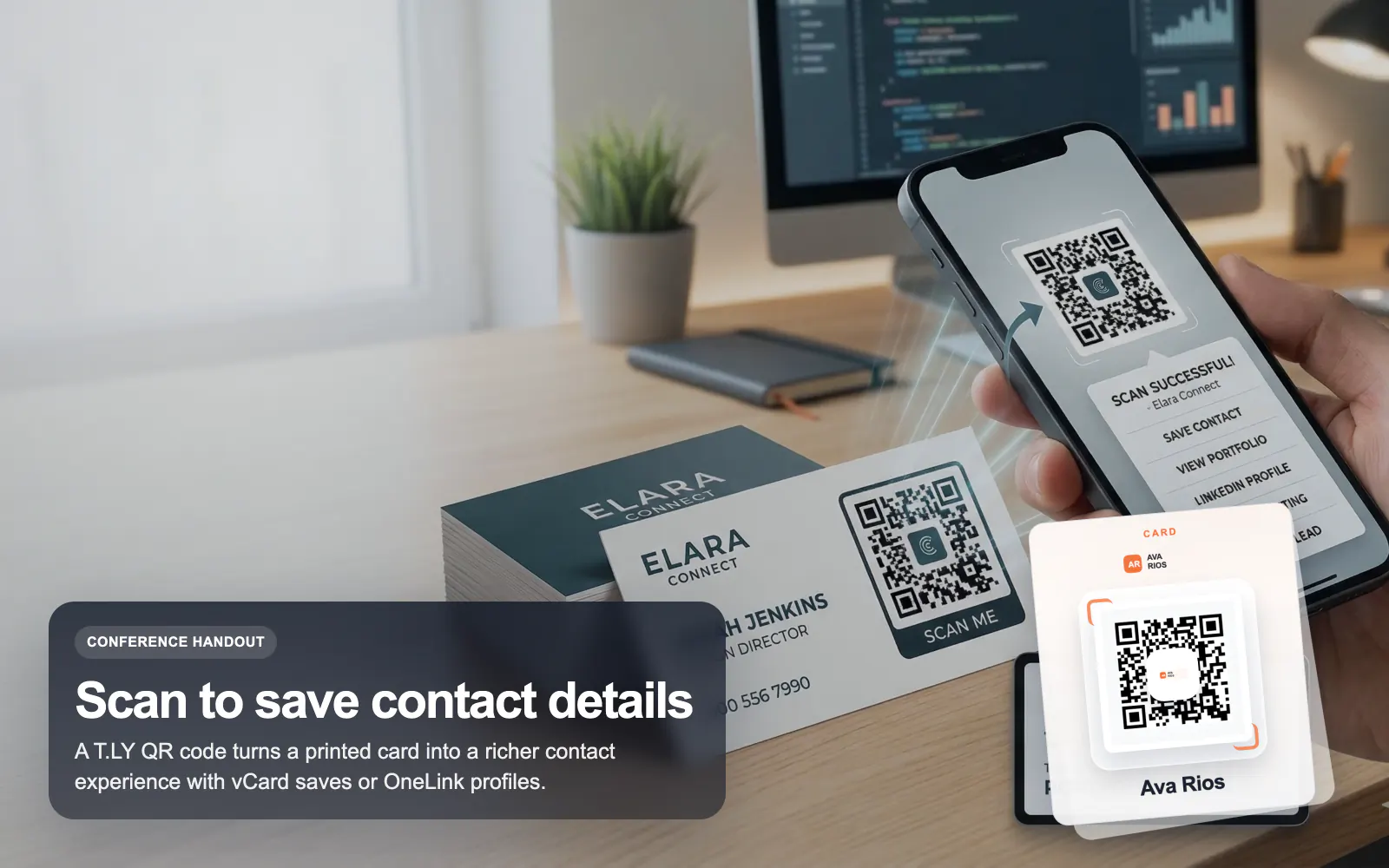 Illustrated business card QR scene in T.LY brand style.