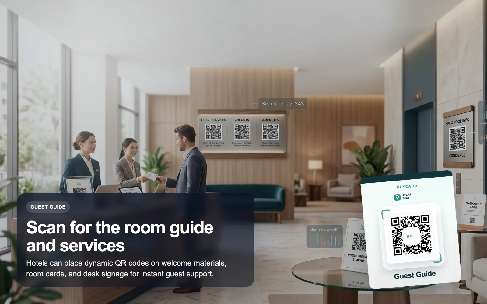 Illustrated hotel guest QR scene in T.LY brand style.