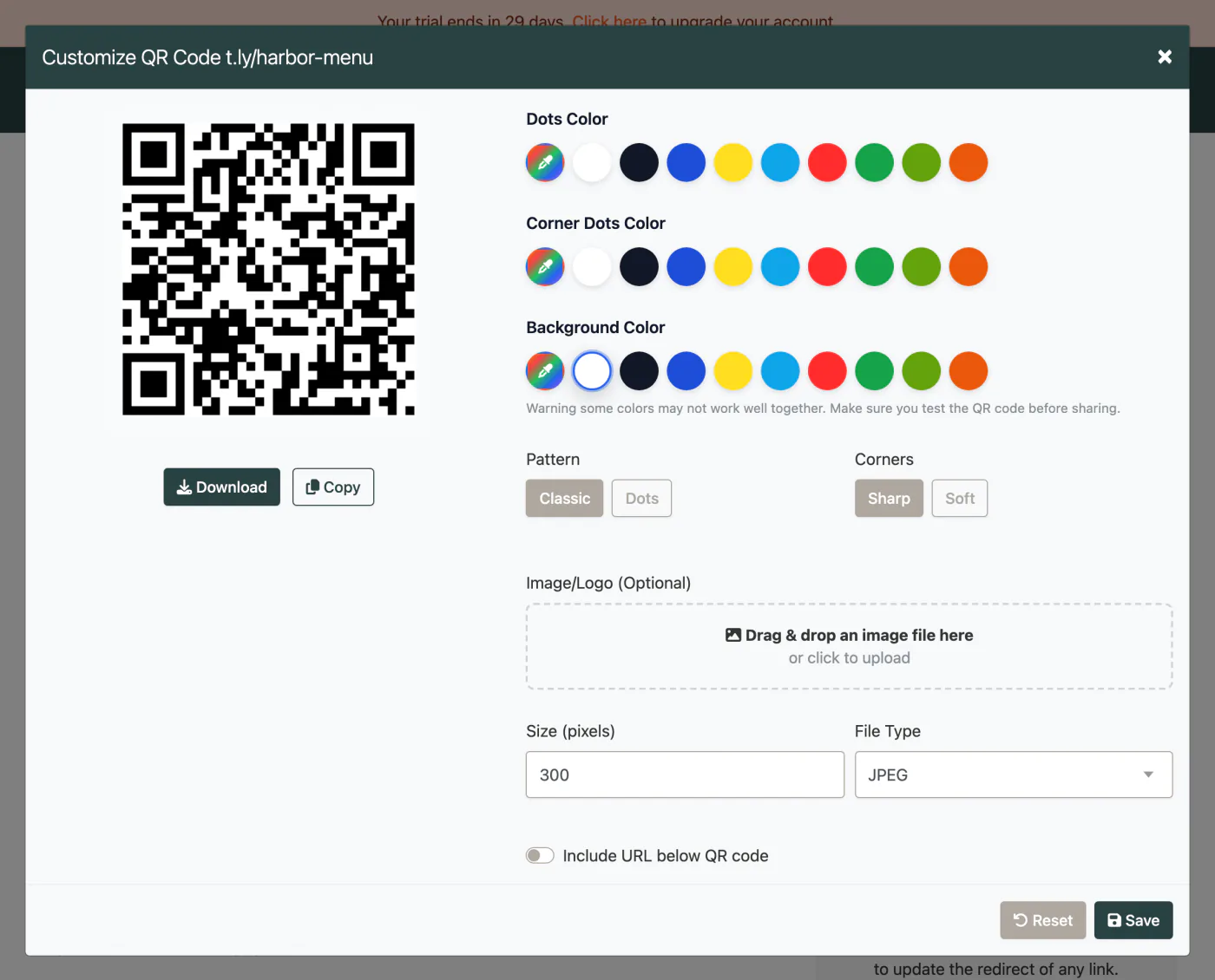 T.LY QR customizer configured for a restaurant menu campaign.