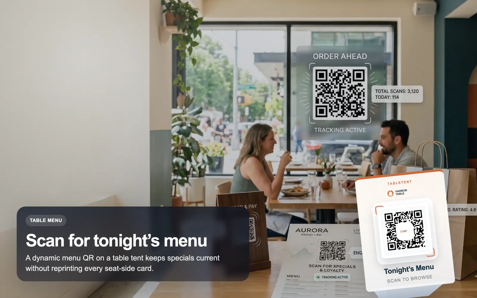 Illustrated restaurant QR menu scene in T.LY brand style.