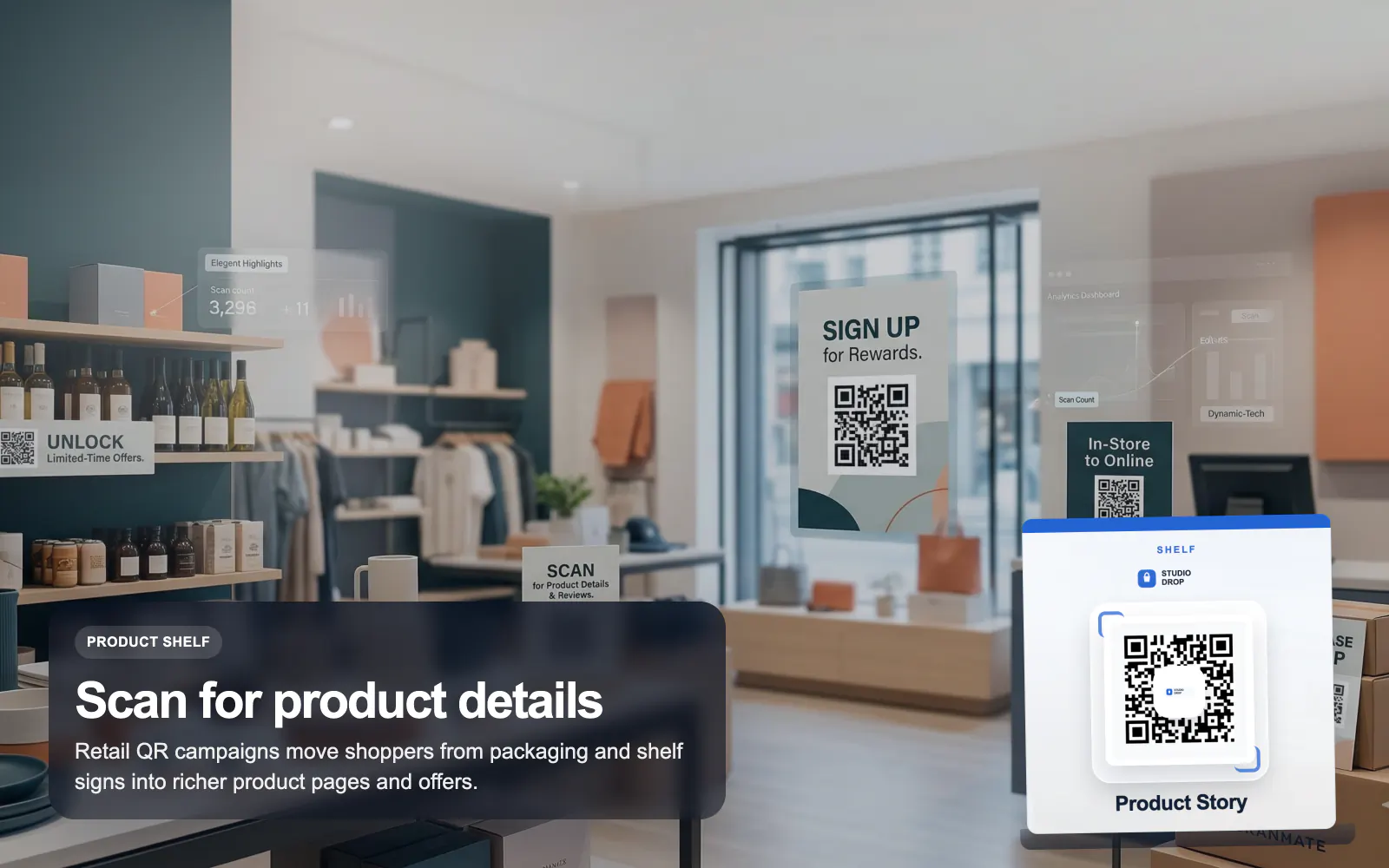 Illustrated retail QR campaign scene in T.LY brand style.